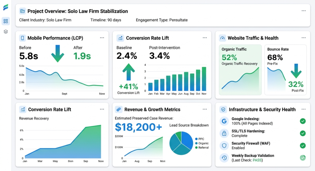 Law firm website maintenance case study showing solo attorney reviewing site performance on phone